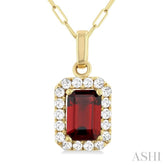 6x4 MM Octagonal Shape Garnet and 1/6 Ctw Round Cut Diamond Halo Semi-Precious Pendant with Chain in 14K Yellow Gold